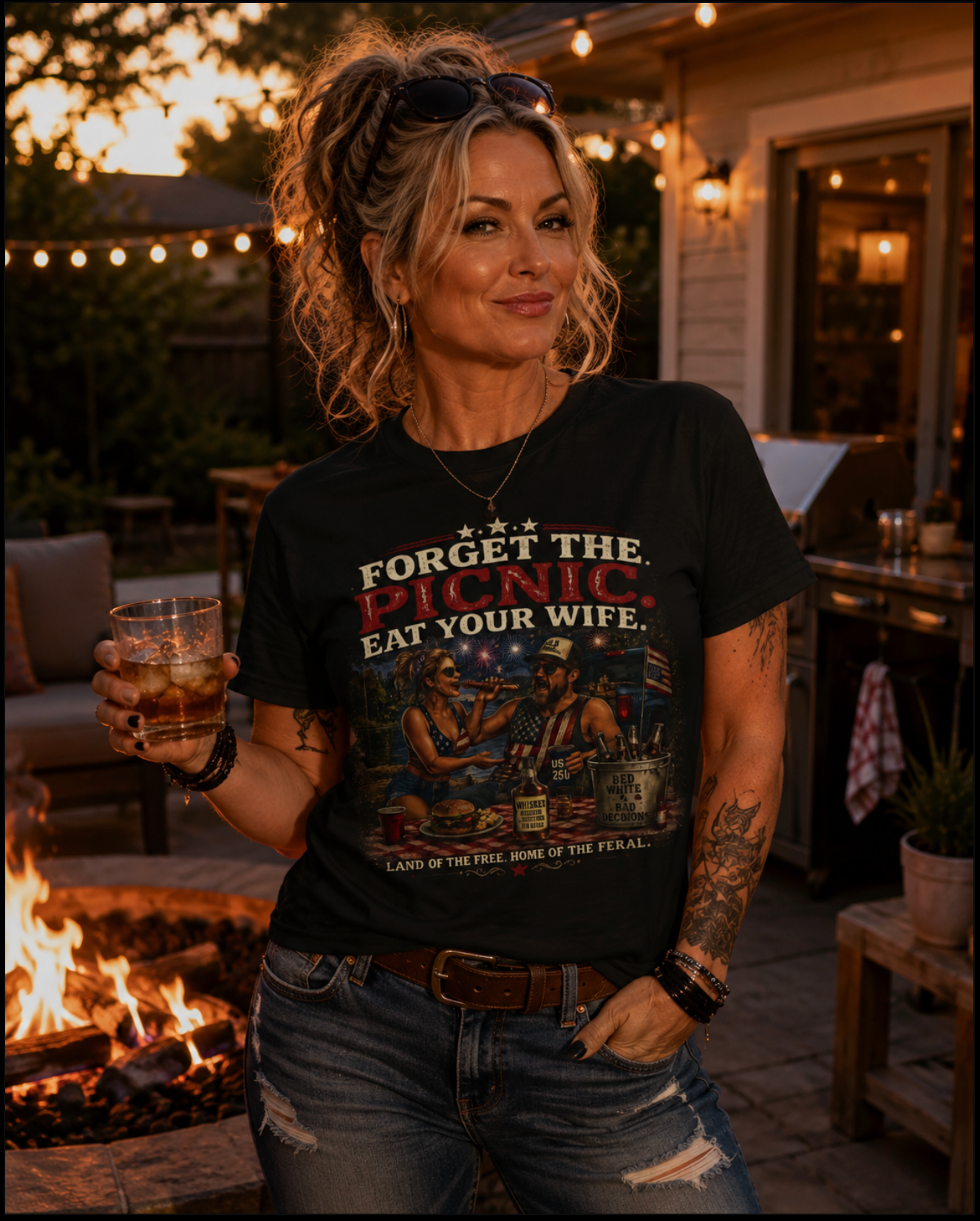 T-Shirt — "Forget the Picnic, Eat Your Wife" Vintage Patriotic BBQ Humor Tee