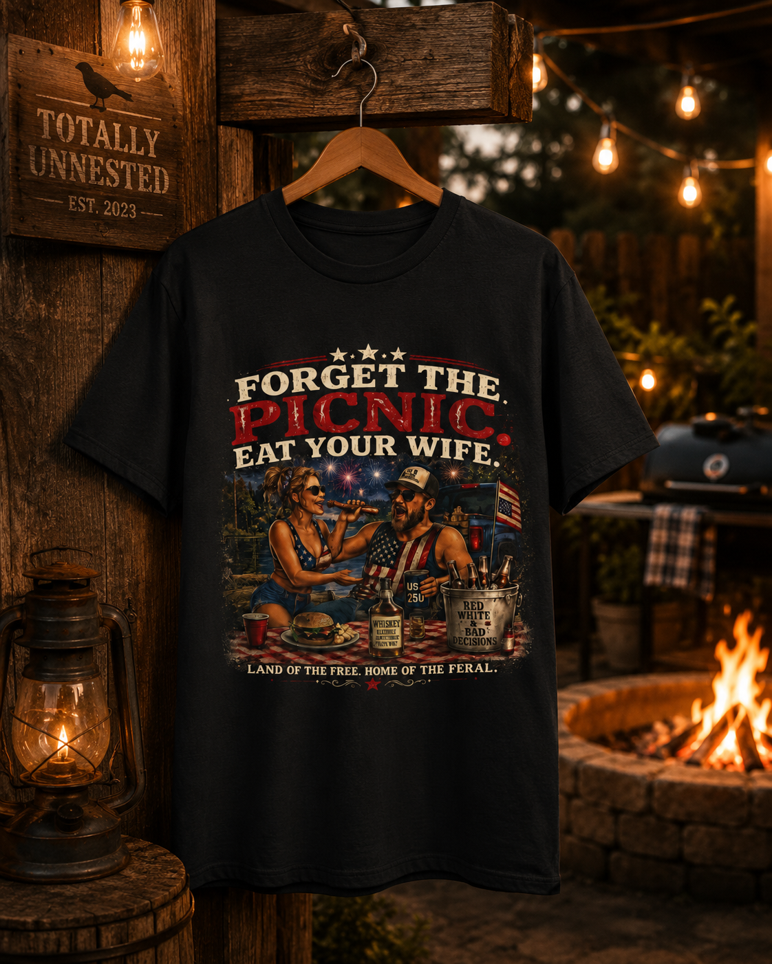 "Forget the Picnic, Eat Your Wife" Vintage Patriotic BBQ Humor Tee
