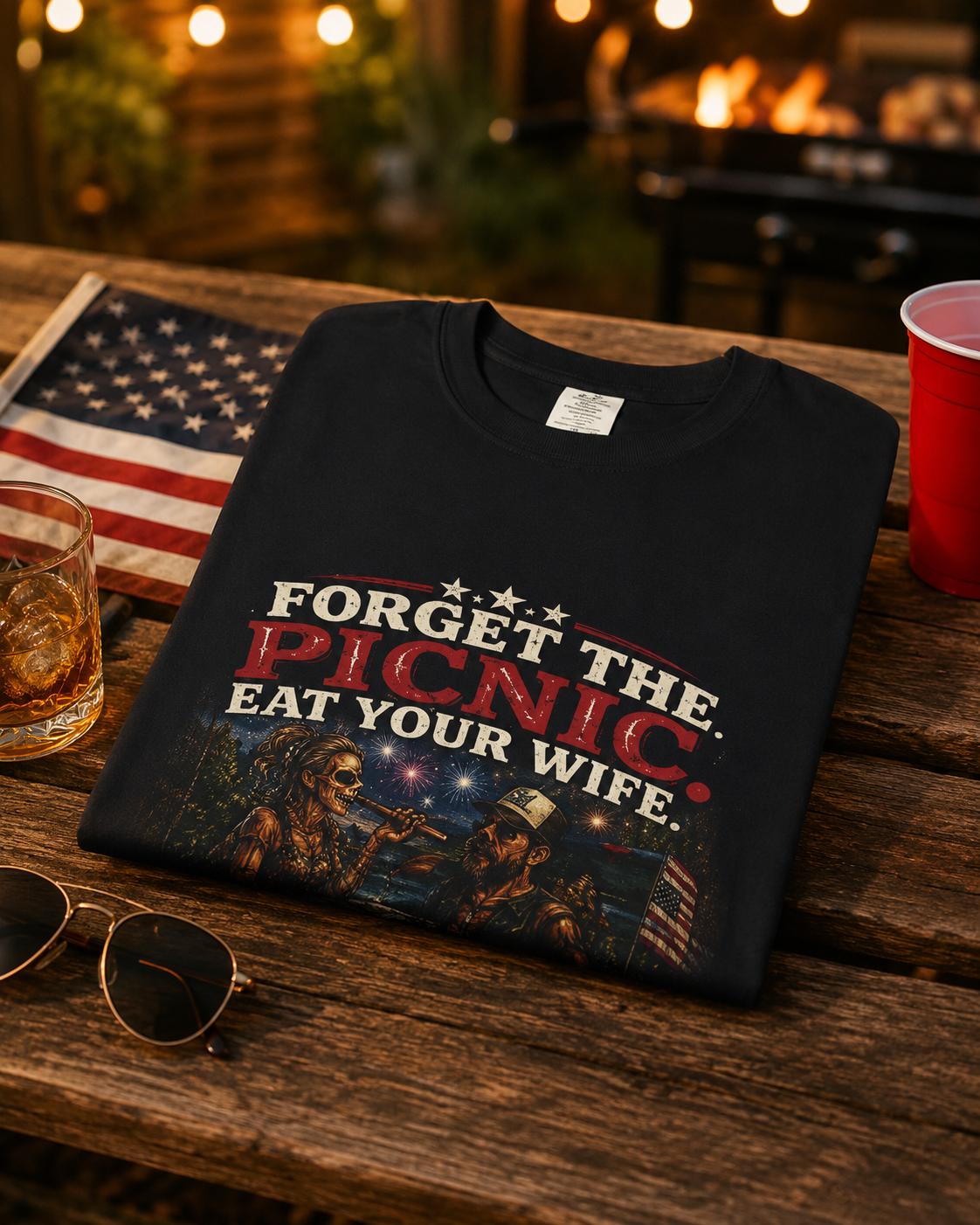 "Forget the Picnic, Eat Your Wife" Vintage Patriotic BBQ Humor Tee