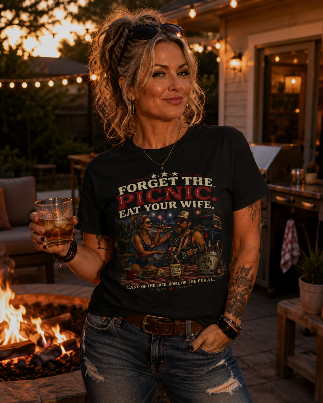 "Forget the Picnic, Eat Your Wife" Vintage Patriotic BBQ Humor Tee
