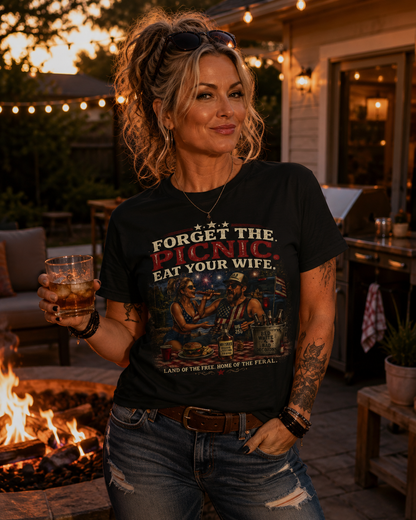 "Forget the Picnic, Eat Your Wife" Vintage Patriotic BBQ Humor Tee