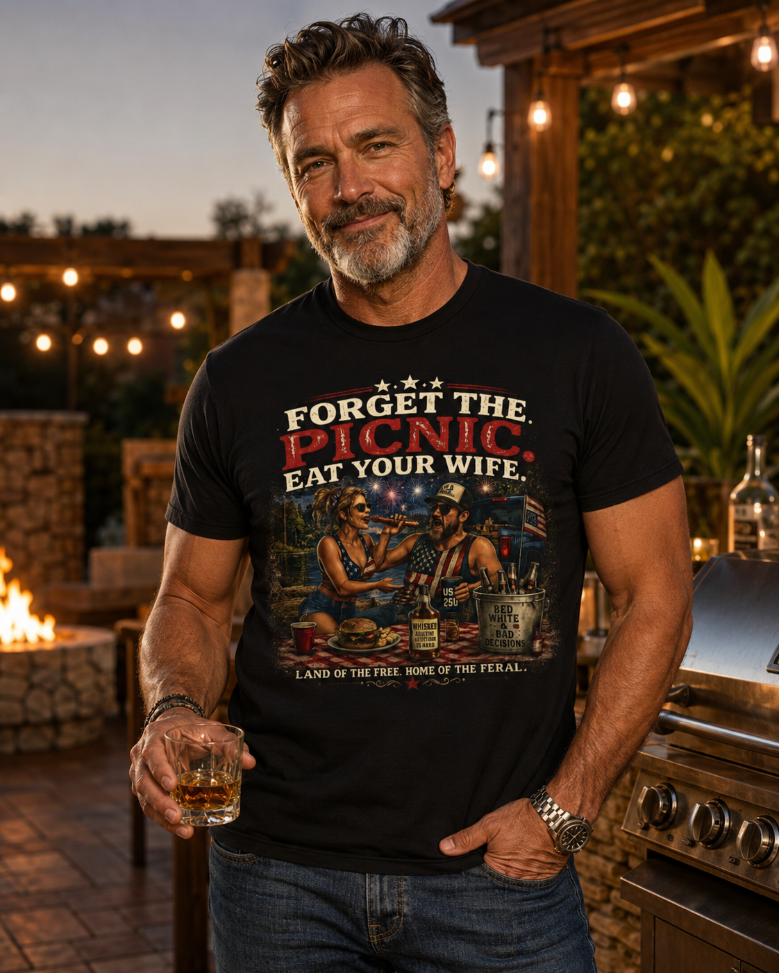 "Forget the Picnic, Eat Your Wife" Vintage Patriotic BBQ Humor Tee